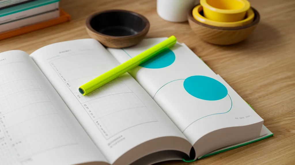 Nahaufnahme eines strukturierten Kurs-Workbooks auf einem Holztisch.
