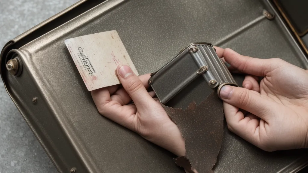 Nahaufnahme einer Hand, die eine beschriebene Postkarte in eine Blechdose legt.