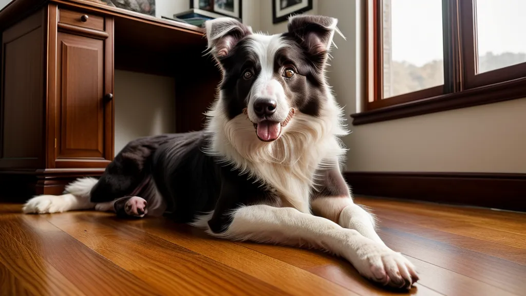 Ein Border-Collie-Mix liegt entspannt neben dem Schreibtisch im Arbeitszimmer.